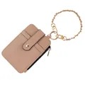 Tarjetero multifuncional de cuero PU caqui con cadena dorada elegante y bolsillo con cremallera - Café