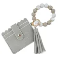 Stylish grey silicone beaded wristlet keychain with faux leather card holder and tassel - Gray