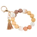 Colorful silicone bead wristlet keychain with leather tassel and gold clasp. - Coffee