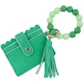 Handmade green silicone beaded bracelet keychain with scalloped leather card wallet - Green