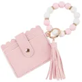 Pink silicone beaded wristlet keychain with scalloped leather card holder and tassel - Pink