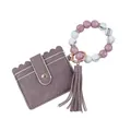 Elegant mauve silicone bead wristlet featuring a matching faux leather card holder and tassel - Taro Purple