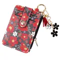 Porte-cartes à imprimé fleuri avec porte-clés à pompon rouge et breloques de fleurs - Rouge