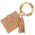Tan silicone bead wristlet with scalloped card holder and leather tassel keychain. - Coffee