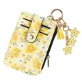 Élégant porte-cartes à fleurs jaunes avec petit porte-monnaie et porte-clés à glands - Jaune
