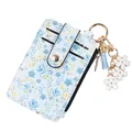 Porte-cartes élégant à imprimé floral bleu avec poche zippée et porte-clés fleurs - Bleu