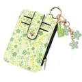 Mini porte-cartes à imprimé floral avec fermeture éclair et porte-clés à pompon vert - Vert