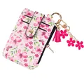 Porte-cartes élégant à imprimé floral rose avec breloques fleurs et porte-clés à pompon - Rose rouge