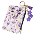 Porte-cartes élégant à imprimé floral violet avec charms fleurs stylés et pompon - Violet