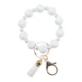 White speckled silicone bead keychain wristlet with a white tassel and gold metal clasp - White