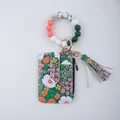 Elegantes florales Leder-Kartenetui mit Silikonperlen-Armband-Schlüsselanhänger - Grün