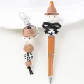 Cartoon cow print beaded ballpoint pen and matching keychain set with silicone beads - Pen And Keychain Set / Chocolate