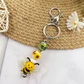 Handmade cute silicone bee and sunflower beaded keychain with silver metal lobster clasp - Bee Keychain (K-1388)
