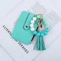 Fashionable teal silicone bead keychain with tassel and matching vegan leather card holder - Mint Green