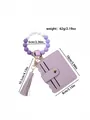 Purple silicone bead bracelet keychain with multi-slot PU leather card holder and tassel. - Light Purple
