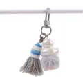 Handmade woven tassel keychain with pearlescent duck charm and grey pom-pom - White