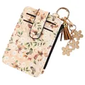 Porte-cartes imprimé floral avec porte-clés doré, pompon et breloques en forme de fleur - Café