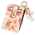 Porte-cartes élégant à imprimé floral avec porte-clés à pompon et breloques fleurs - Orange