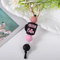 Silicone coffee cup bead keychain with pink and black beads and lobster clasp for bag charm - Black Cup