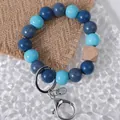 Handmade blue and light blue wooden bead bracelet keychain with metal lobster clasp - Blue