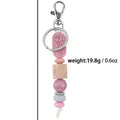 Pink rose silicone and natural wood bead keychain pendant for bags with weight info - Light Pink