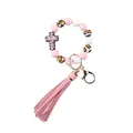 Macro view of silicone beads, leopard pattern cross charm, and pink leather tassel - Cross Light Pink