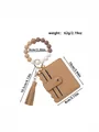 Tan PU leather card holder with silicone bead wristlet and tassel keychain set - Bronze