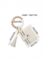 Cream PU leather card holder with silicone bead bracelet and tassel keychain charm - Milky White