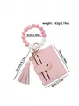 Pink PU leather card holder keychain with silicone beads and tassel - Pink