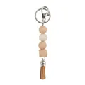 Handmade silicone bead keychain with octagonal bead and brown leather tassel charm - Light Coffee