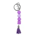 Creative purple silicone bead keychain featuring octagonal bead and leather tassel pendant - Purple