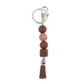 Brown silicone bead keychain featuring octagonal bead and matching leather tassel - Brown