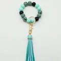 Handmade silicone beaded keychain bracelet with leopard print beads and mint tassel - Mint Green (K-1186)