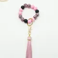 Handmade pink and black beaded wristlet keychain with leopard print beads and PU tassel - Pink (K-1186)