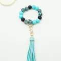 Turquoise and leopard print silicone bead bracelet keychain with light blue PU tassel - Lake Blue (K-1186)