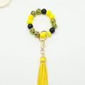 Silicone bead wristlet keychain with yellow leopard print beads and PU tassel - Yellow (K-1186)