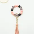 Handmade pink and black leopard print silicone beaded keychain with a long PU tassel - Lotus Pink (K-1186)