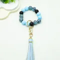 Blue leopard print silicone bead wristlet keychain with light blue PU tassel charm - Light Blue (K-1186)