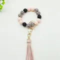 Silicone bead keychain wristlet with pink tassel and leopard print beads - Light Pink (K-1186)