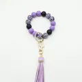 Purple beaded wristlet keychain with leopard print silicone beads and PU leather tassel - Purple (K-1186)