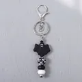 Halloween themed black ghost silicone beaded keychain with skull pattern beads and silver ring - Black Ghost Keychain (K-1464)