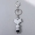 Cute Halloween white ghost silicone beaded keychain with leopard print and black beads - Gray Ghost Keychain (K-1464)