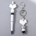Halloween ghost silicone beaded pen and matching keychain set with marble pattern bead - White Ghost Combination (K-1464)