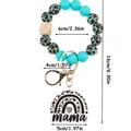 Leopard print wood bead bracelet keychain with rainbow mama pendant charm - Lake Blue