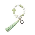 Sage green silicone beaded wristlet keychain featuring cross charm and tassel detail - Light Green / Solid Color