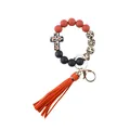 Leopard print cross silicone bead keychain with orange tassel and Faith charm SKU - Leopard Print Brown