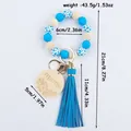 Blue cow print silicone bead keychain with leather tassel and mama wooden charm - Sapphire Blue