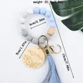 Blue and grey silicone bead wristlet keychain with engraved wooden mama charm and tassel - Light Blue
