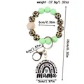 Leopard print silicone bead wristlet keychain with rainbow mama acrylic charm and wood bead - Light Green