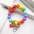 Rainbow silicone beaded wristlet keychain with red apple Teach charm and tassel - Red